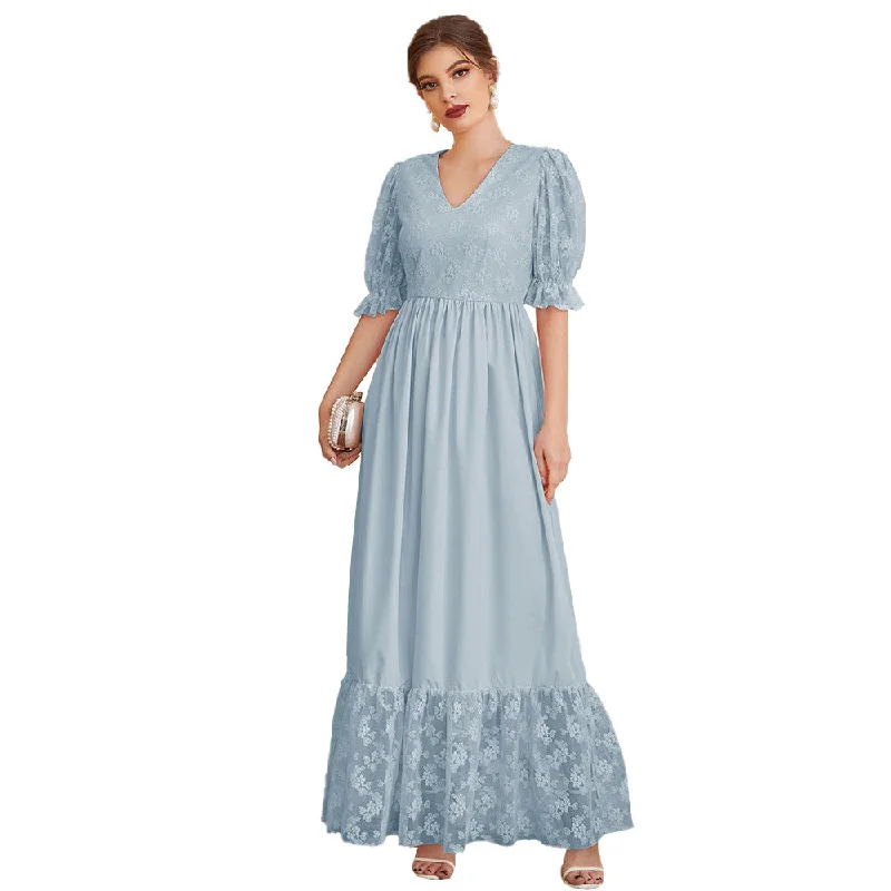 NiDELL Zty-21438 Fashion European and American Style Women's Spring New Casual Lantern Sleeve V-neck High Waist Embroidery Mesh Long Dress