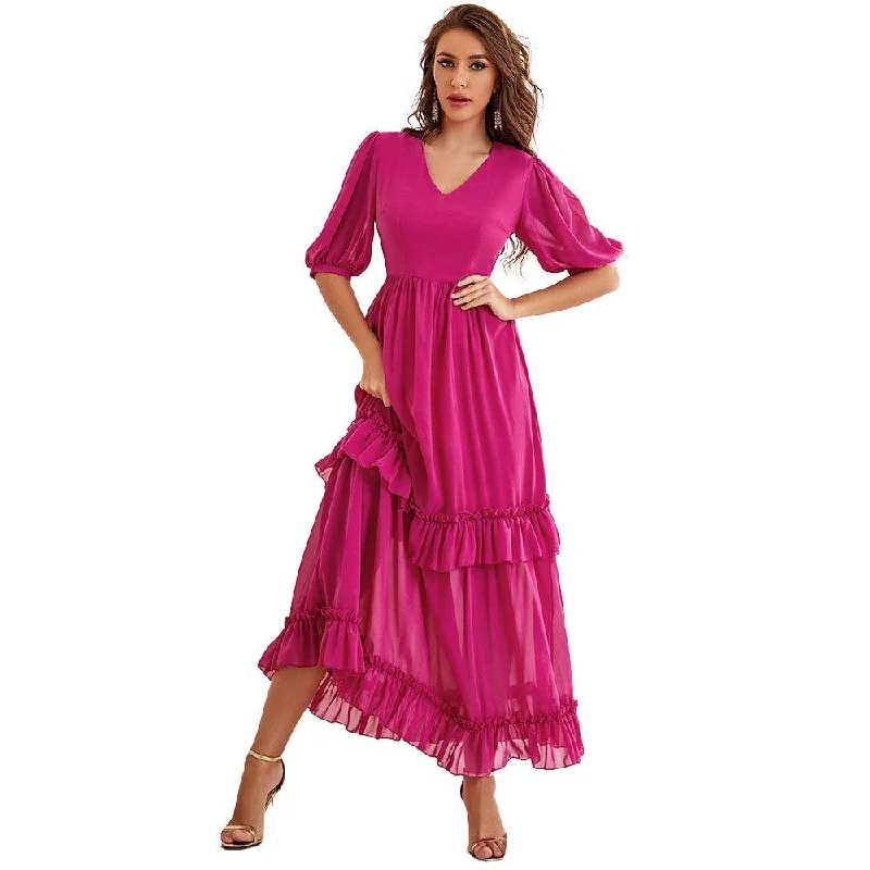 NiDELL Zty-21445 European and American Women's Clothing . Amazon Cross-Border Foreign Trade Hot Sale V-neck Short Sleeve Cake Dress