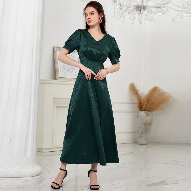 NiDELL Zty-61 European and American Women's Clothing . Summer New Fashion Casual High Waist Pure Color V-neck Puff Sleeve Dress