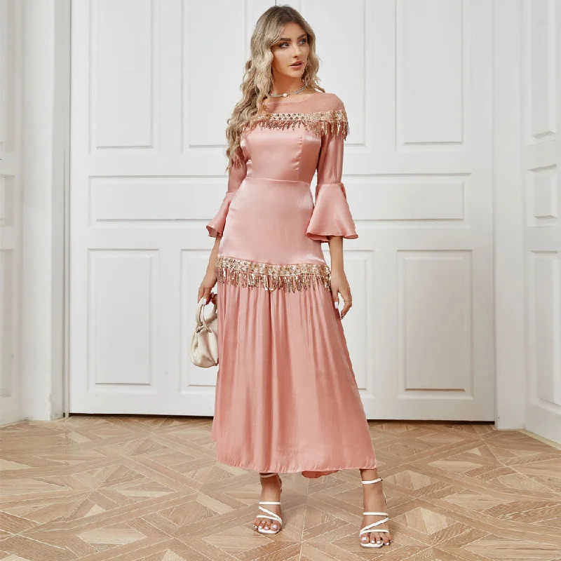 NiDELL ZTY-78 Fashion Autumn New European and American Women's Clothing Elegant Tassel Sequins High Waist Dress in Stock