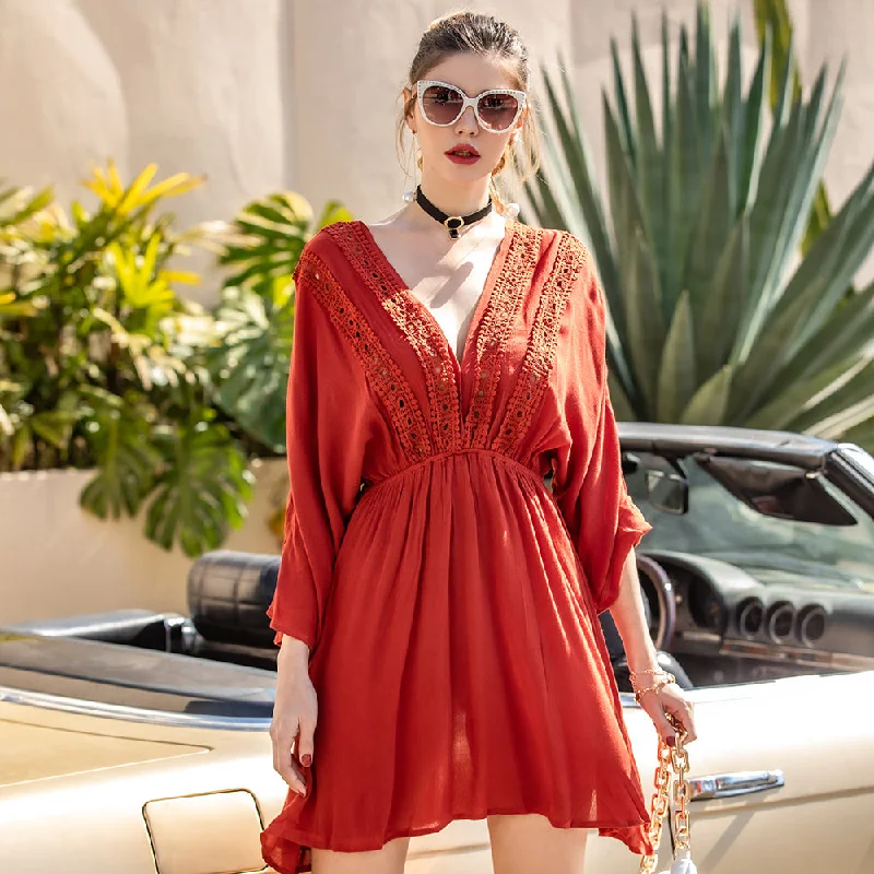 KittenAlarm - Women Deep V-Neck Boho Dress Solid High Waist Midi Dress 3/4 Sleeve