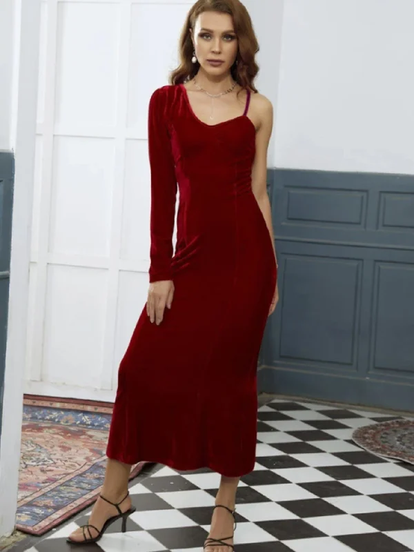 KittenAlarm - V-NECK SOLID COLOR MIDI EVENING DRESS