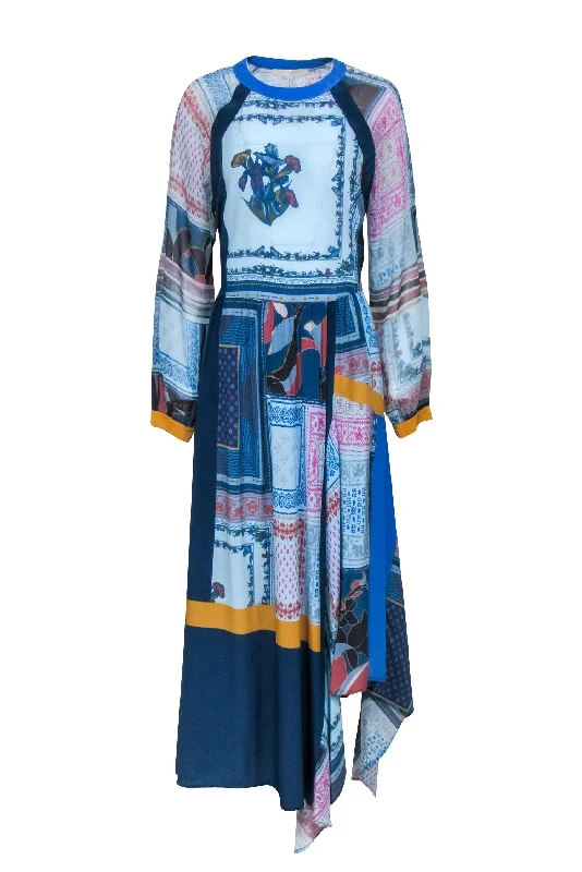 BCBG Max Azria - Blue Silk Multi Print Maxi Dress w/ Hi-Low Hem Sz XXS