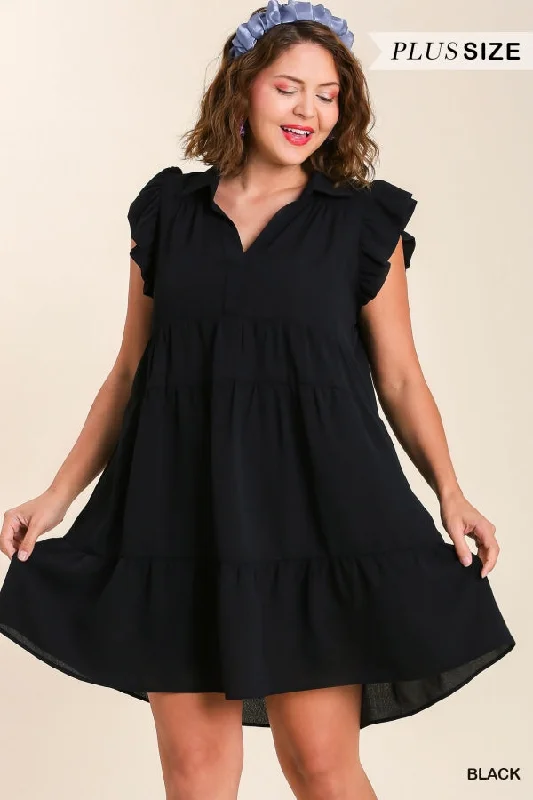 Black Tiered Mini Dress with Ruffle Sleeves in Plus Size by Umgee Clothing