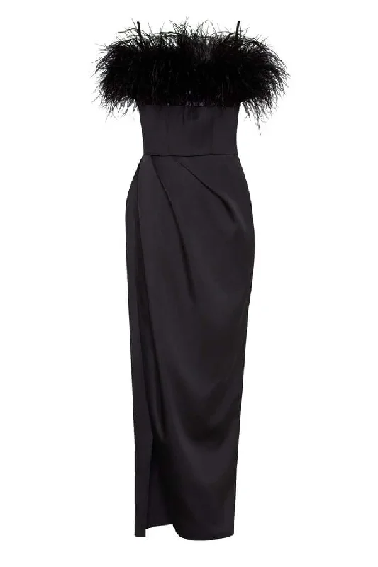 Black Celina Slip Midi Feathered Dress