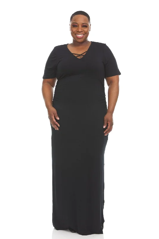 Criss Cross Neck Solid Maxi Dress Ruched Side - Plus