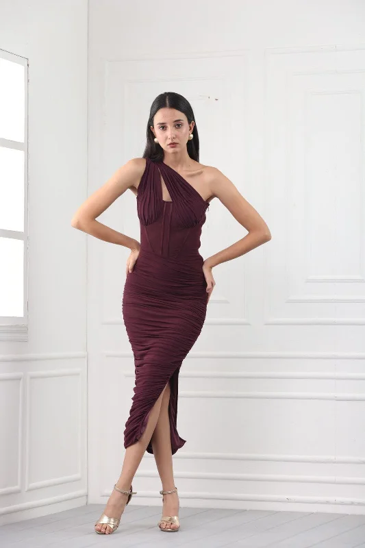 Escape it all - wine asymmetric cutout midi dress