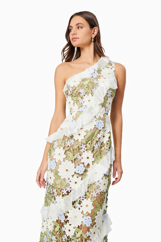 Flora One Shoulder Lace Maxi Dress in Green