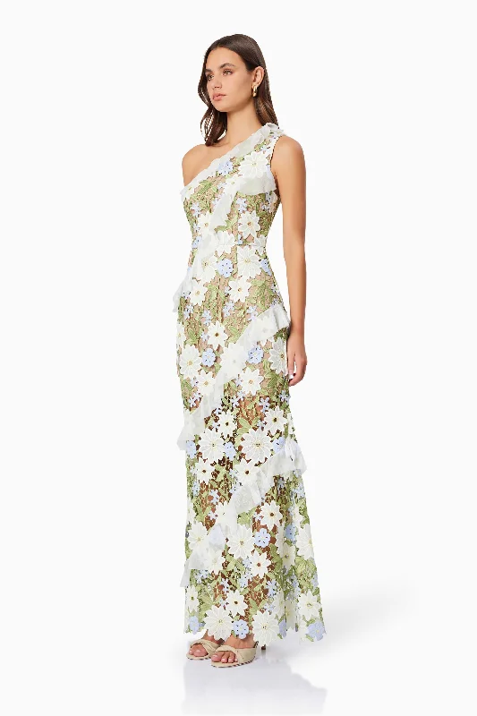 Flora One Shoulder Lace Maxi Dress in Green