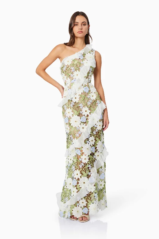 Flora One Shoulder Lace Maxi Dress in Green