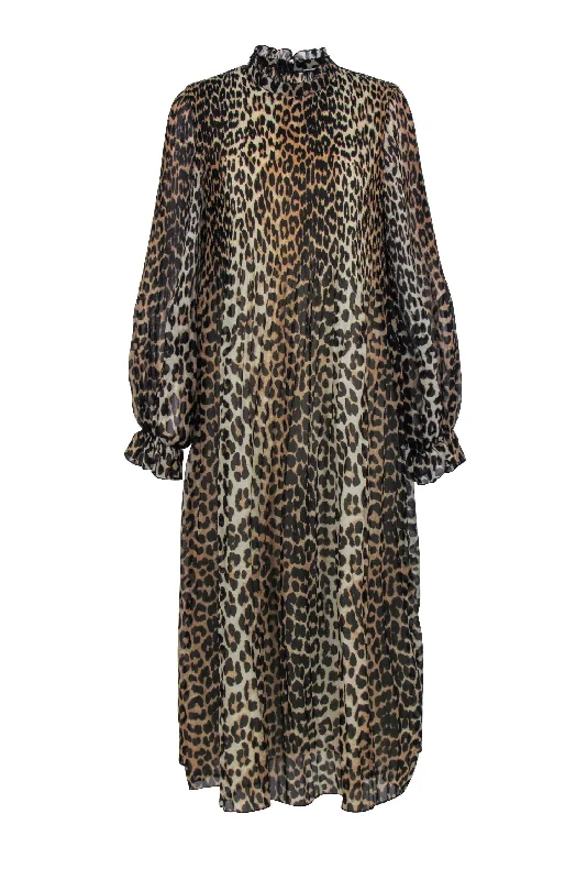 Ganni - Brown & Black Leopard Print Pleated Maxi Dress Sz M