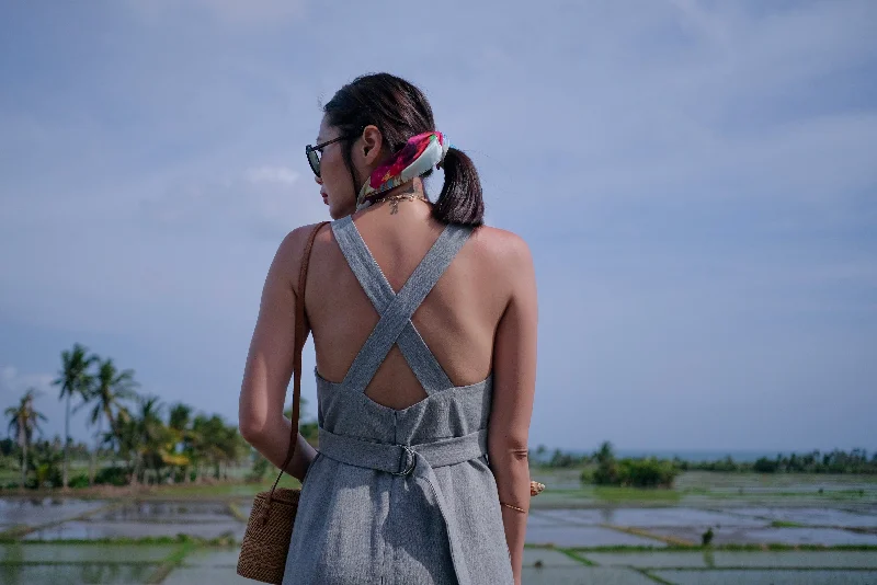 Grey Linen Cross Back Midi Dress