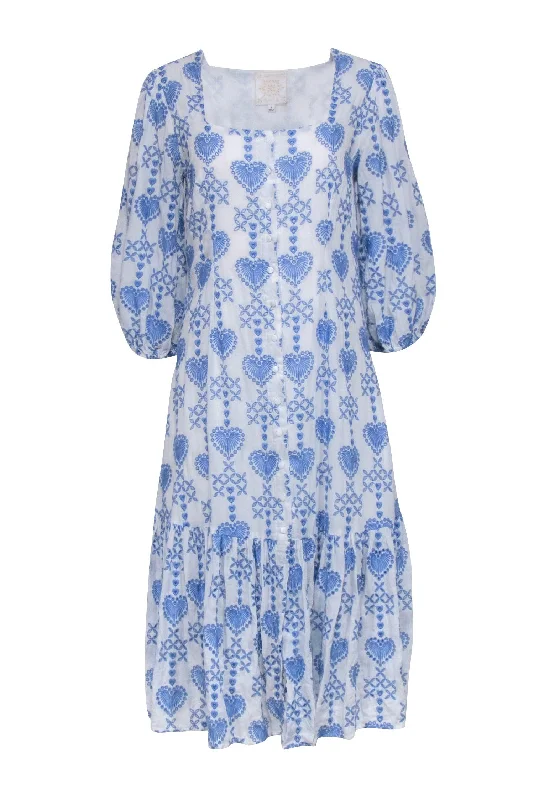 Johnny Was - White & Blue Embroidered Maxi Shirt Dress Sz S