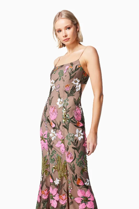 Mesmerize Floral Sequin Maxi Dress In Brown