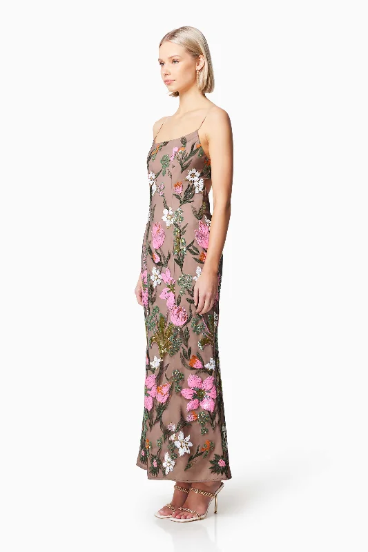 Mesmerize Floral Sequin Maxi Dress In Brown