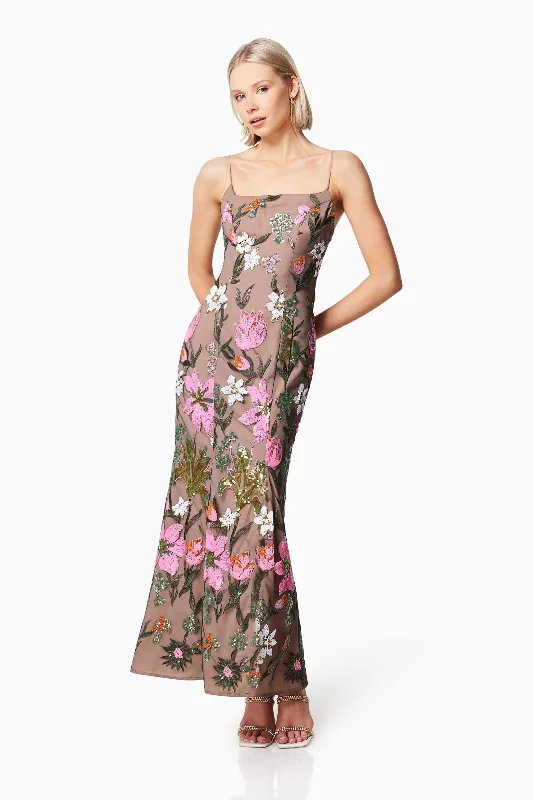 Mesmerize Floral Sequin Maxi Dress In Brown