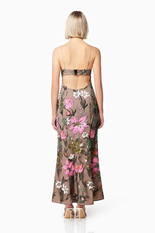 Mesmerize Floral Sequin Maxi Dress In Brown