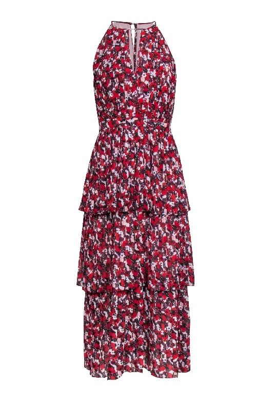 Monique Lhuillier - Red & Multicolor Floral Print Sleeveless Maxi Dress Sz 6