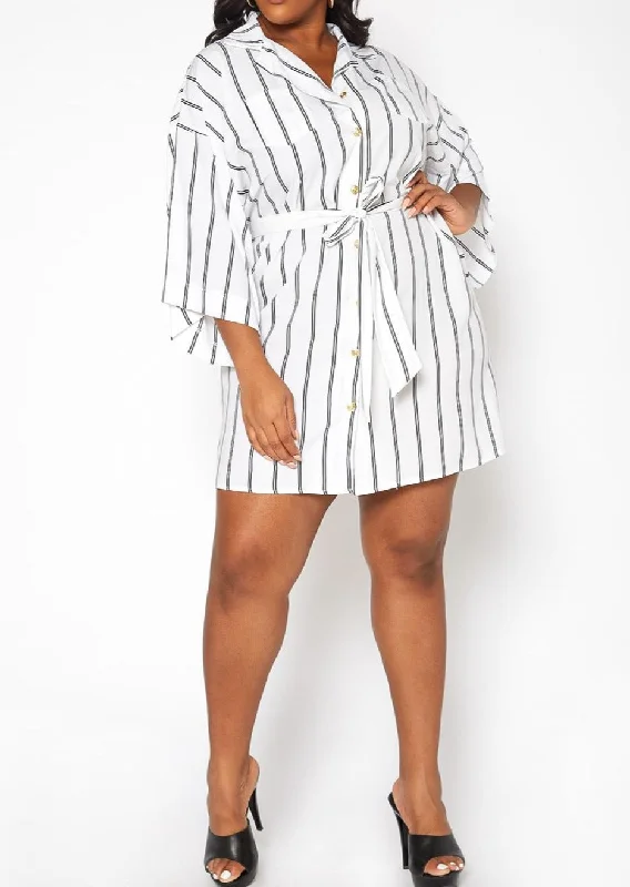 Hi Curvy Plus Size Women Pin Striped Button Front Mini Dress