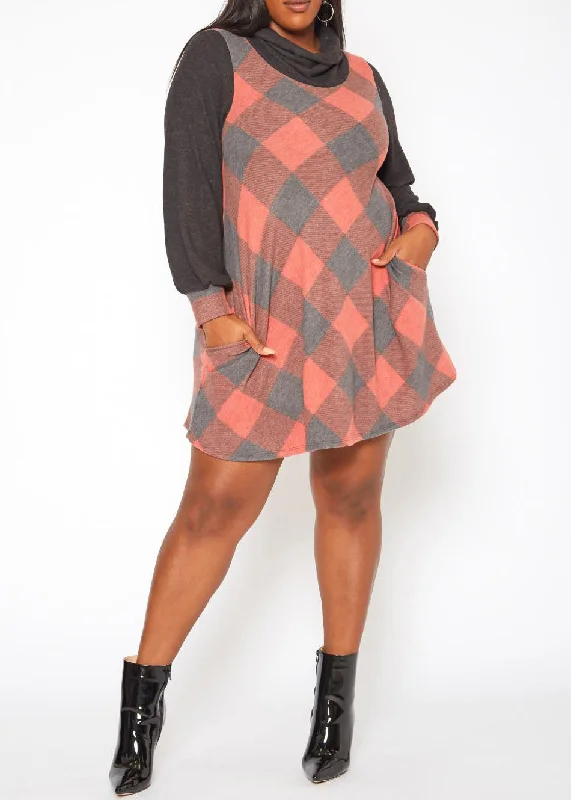 Hi Curvy Plus Size Women Plaid Print Funnel Neck Mini Dress