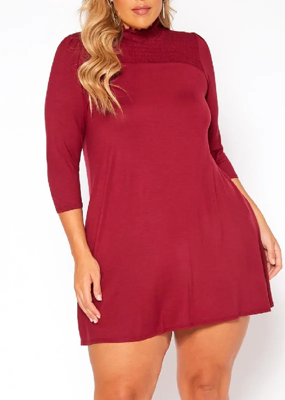 HI Curvy Plus Size Women Smocked Detail Mock Neck Mini Dress