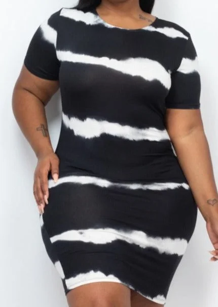 HI Curvy PLUS Size Women Stripe Tie-Dye Printed Mini Dress