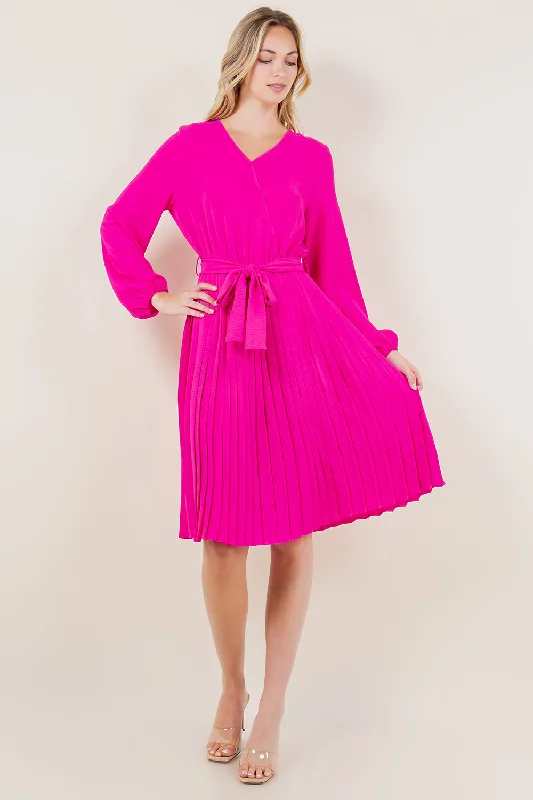 PUFF LS SURPLICE PLEATED MIDI DRESS - D3574-PINK