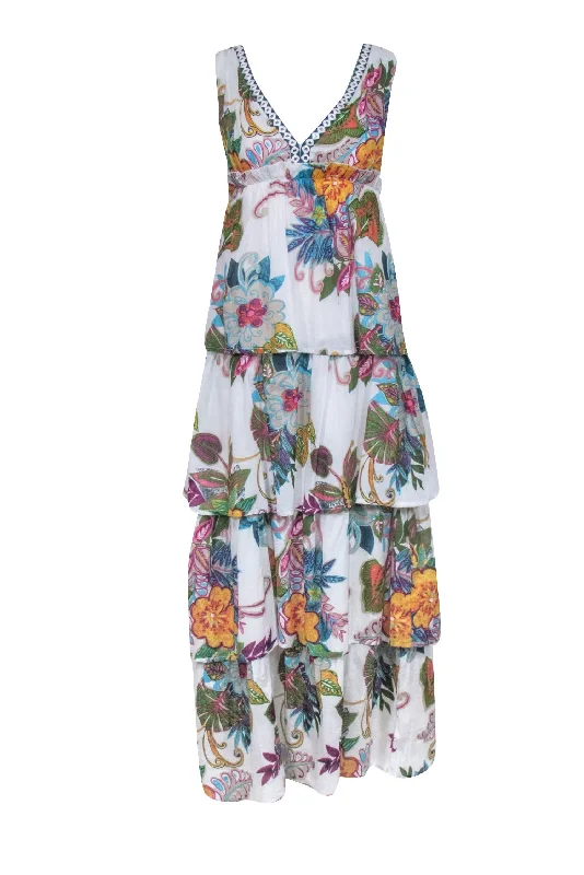 Raga - White Tiered Printed Maxi Dress w/ Metallic Neckline Sz XS