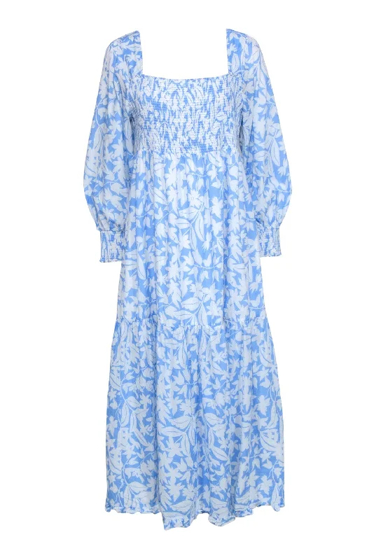 Rixo - Light Blue  White Floral Print Long Sleeve Maxi Dress Sz XXL