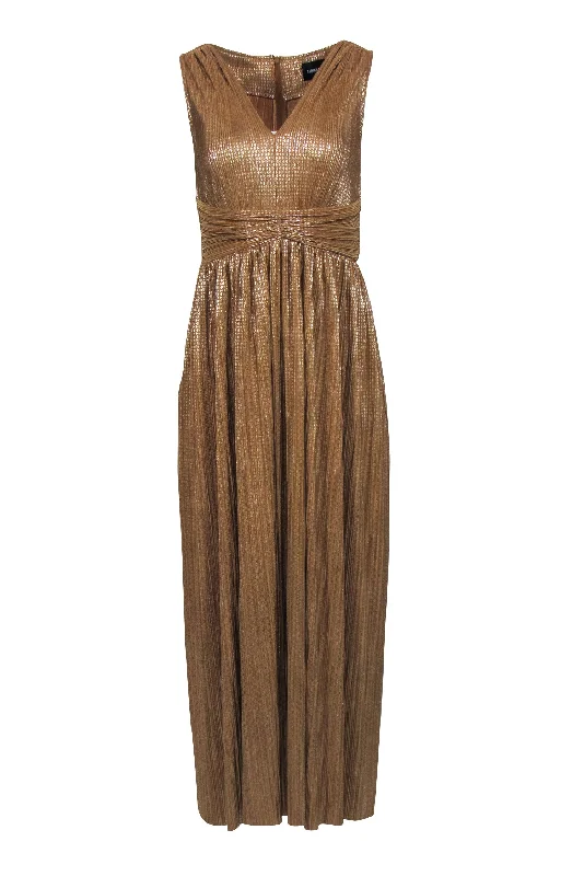 Sabina Musayev - Gold Pleated Metallic Sleeveless Maxi Dress Sz 6