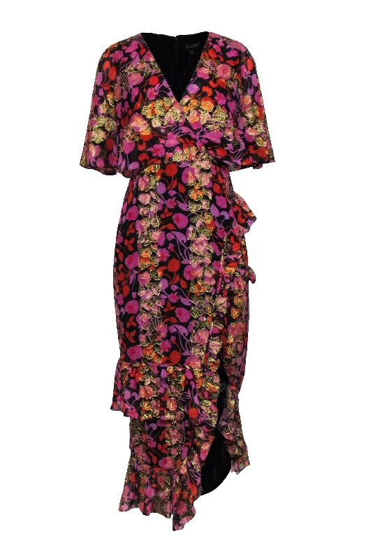 Saloni - Black w/ Pink, Orange & Gold Floral Print Maxi Dress Sz 8