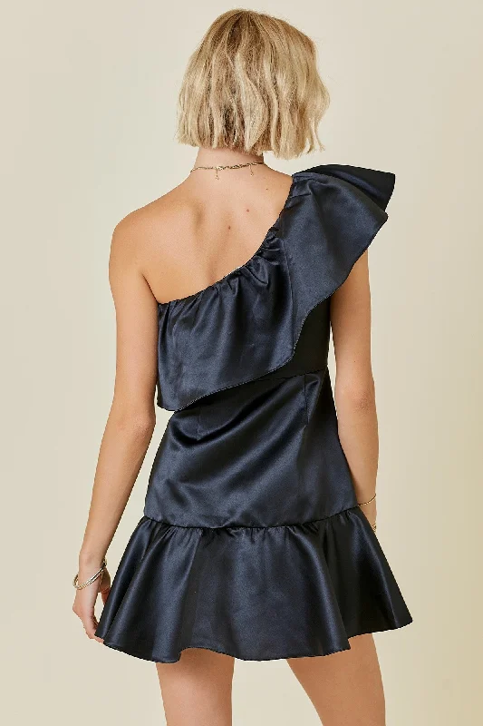 SATIN BLACK ONE SHOULDER RUFFLE MINI DRESS