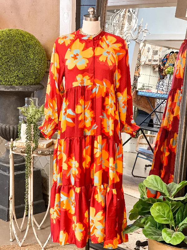 SATIN FLORAL MAXI DRESS W/ BALLOON SLEEVES