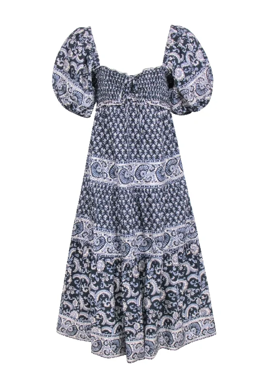 Sea NY - Navy & White Print Maxi Puff Sleeve Dress Sz M