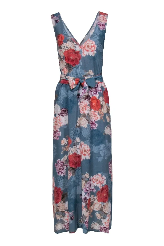 Johnny Was - Blue Silk Floral Print Sleeveless Maxi Dress Sz S