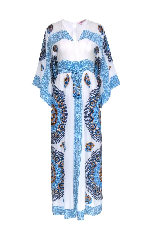 Calypso - White, Blue, & Gold Print Maxi Dress Sz XS