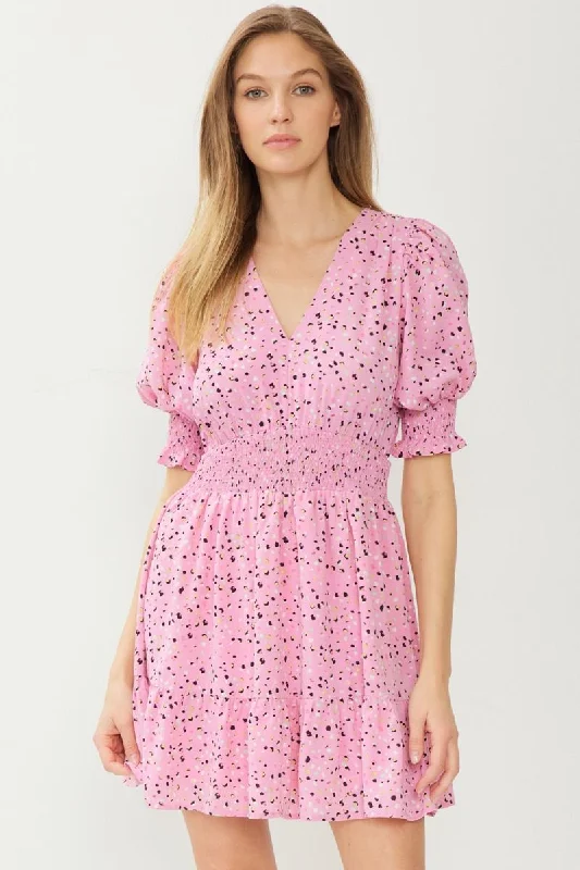 Smocked Half Sleeve Pink Confetti Mini Dress by Entro Clothing