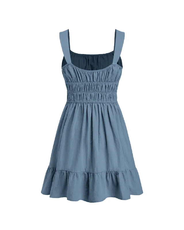 Square Neck Ruched Bust Sleeveless Flare Blue Mini Dress