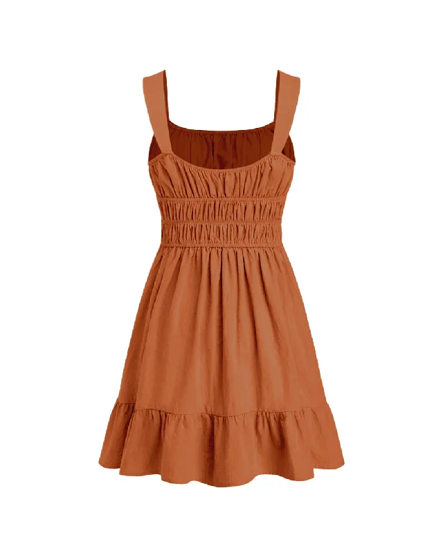 Square Neck Ruched Bust Sleeveless Flare Rust Orange Mini Dress