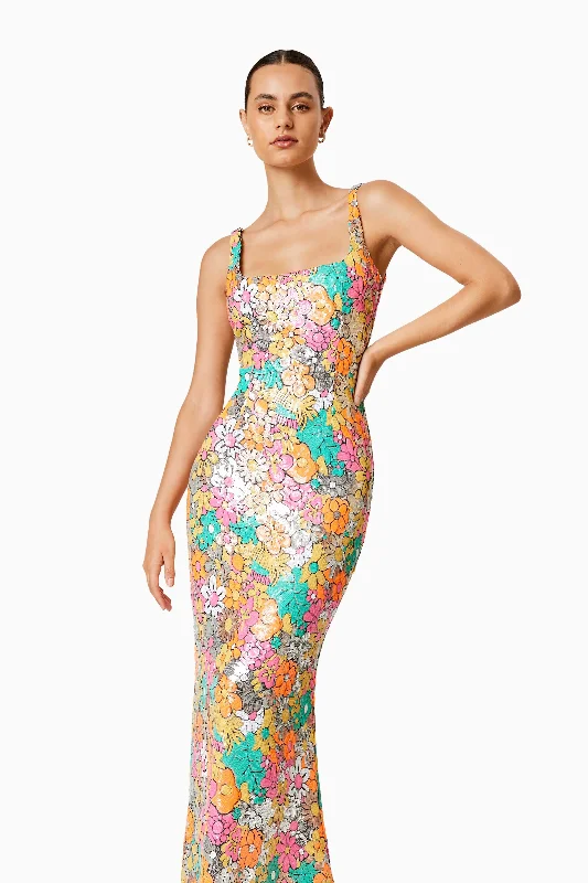 Tiki Floral Sequin Fitted Maxi Dress In Multi