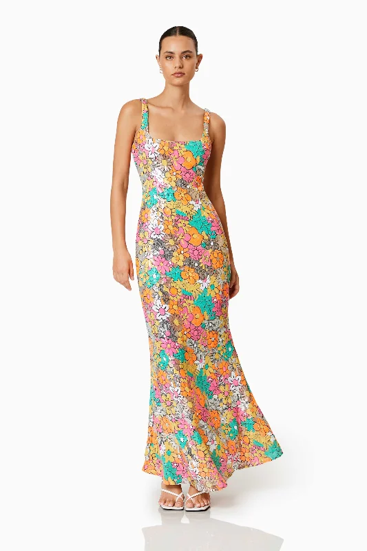 Tiki Floral Sequin Fitted Maxi Dress In Multi