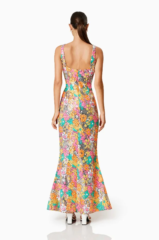 Tiki Floral Sequin Fitted Maxi Dress In Multi