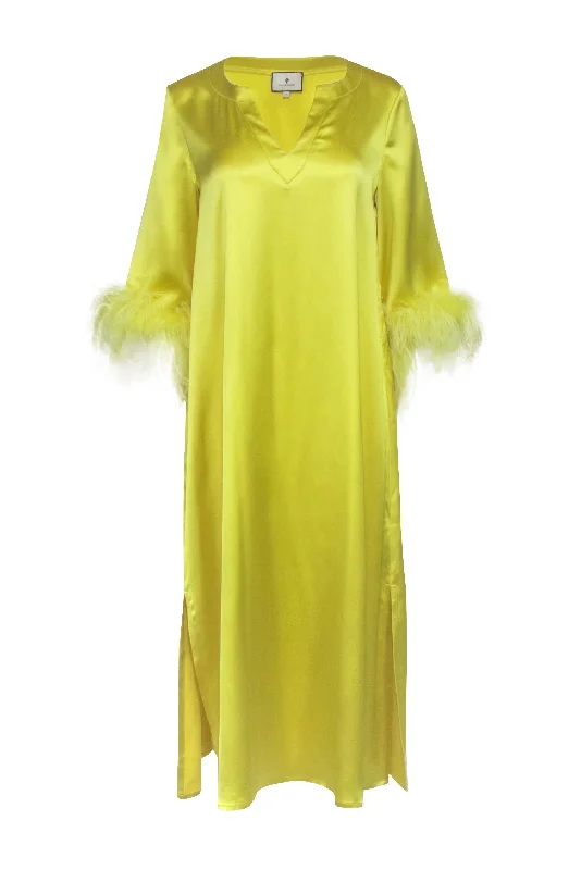 Tuckernuck - Citron Yellow Maxi Caftan Dress w/ Feather Trim Sz S