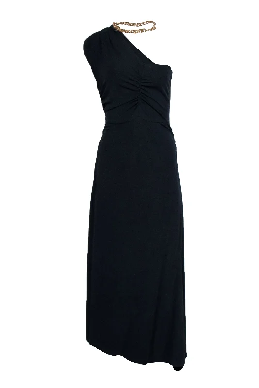 Veronica Beard - Navy Maxi One Shoulder Dress w/ Gold Chain Halter Strap Sz L