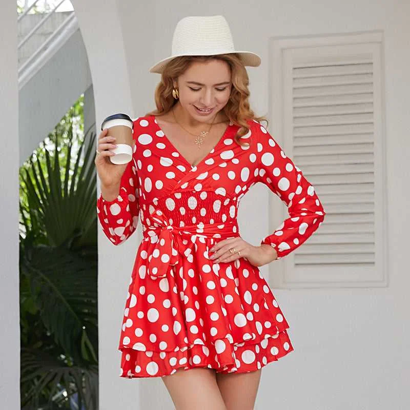 KittenAlarm - Vintage Polka Dot Printed Long Sleeve V-neck Mini Dress