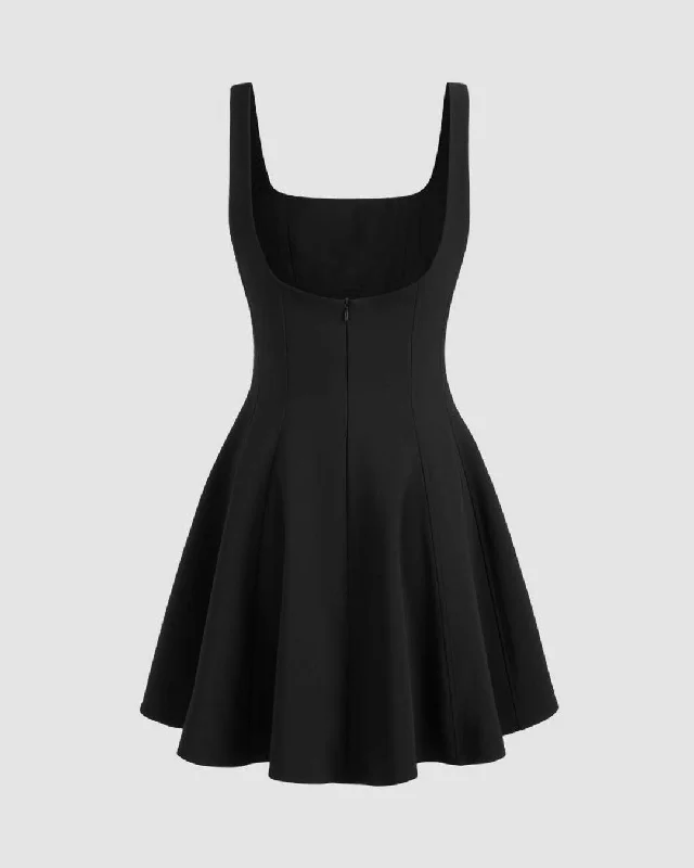 Woven Square Neck Ruffle Black Mini Dress