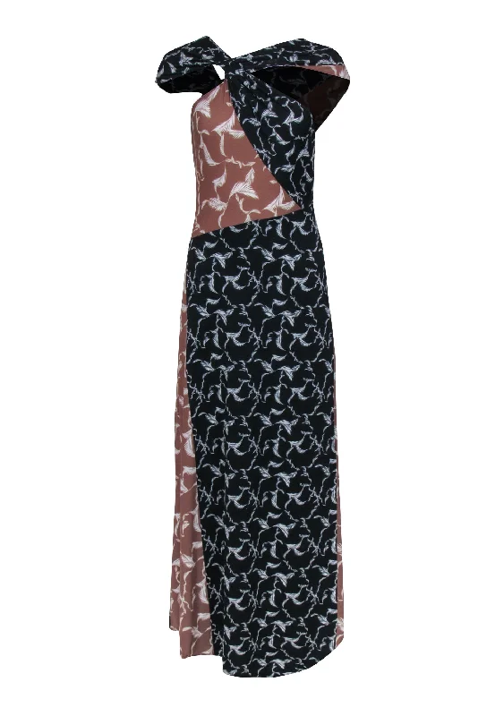 Yigal Azrouel - Black & Tan Feather Print Sleeveless Maxi Dress Sz 4