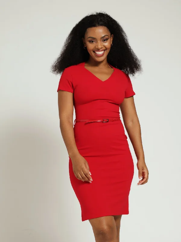 Belted Midi Bodycon Dress - Red