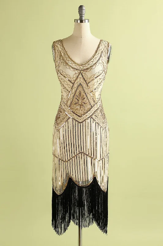 Champagne and Black Sequin Bodycon 1920s Dress