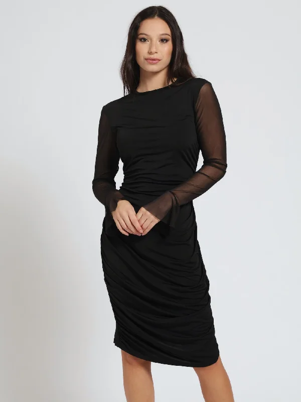 Combo Slinky Mesh Flare Sleeve Bodycon Dress - Black